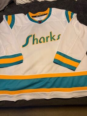 adidas Originals White Sharks Hockey Jersey with Teal and Gold Trim